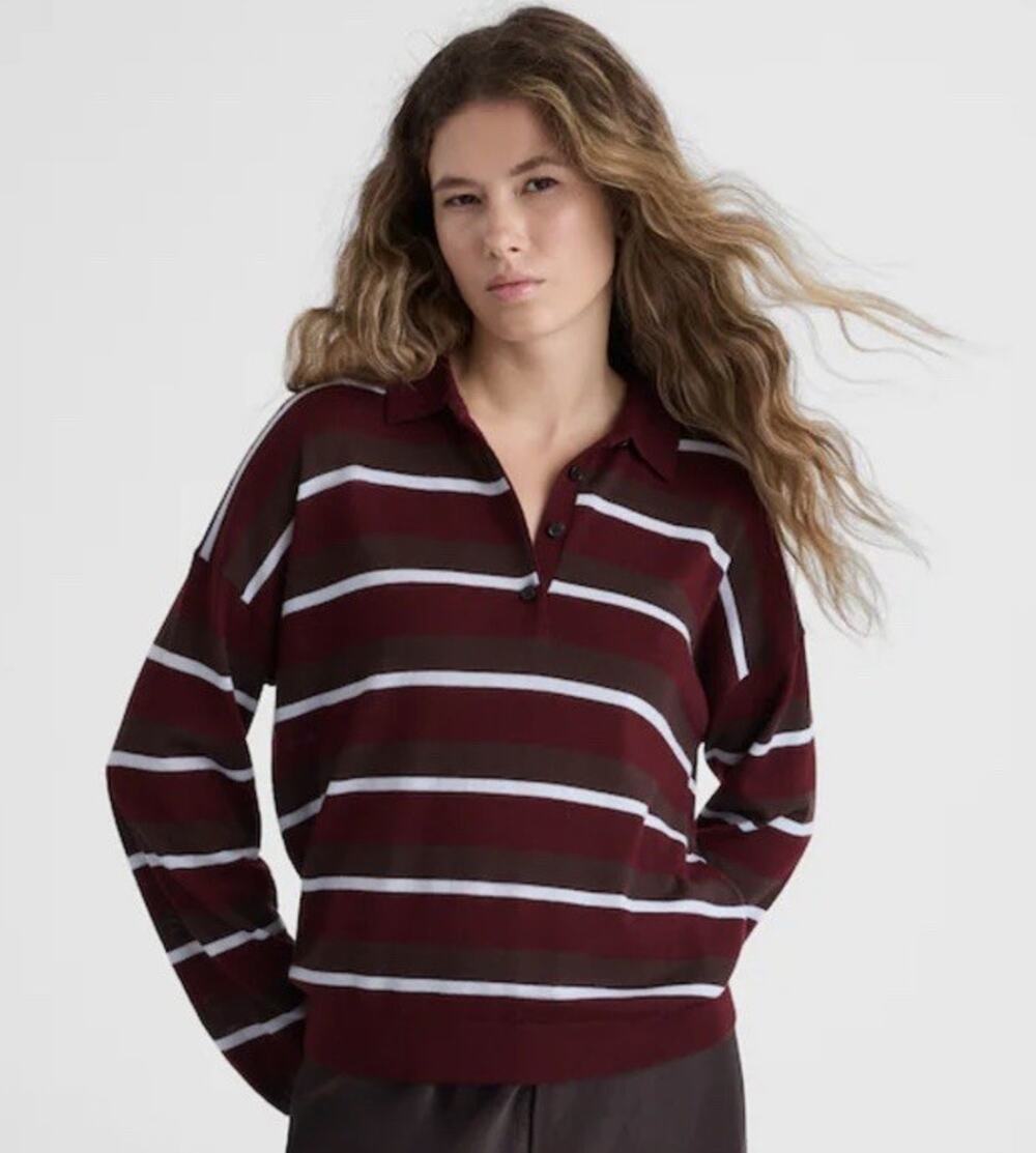 Madewell Striped Polo 100% Merino Wool Burgundy Brown Lightweight Sweater Sz Med
